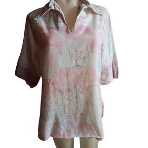 Large Vintage 70's Women's Peasant Print Pink Patterned Blouse Collar Distress